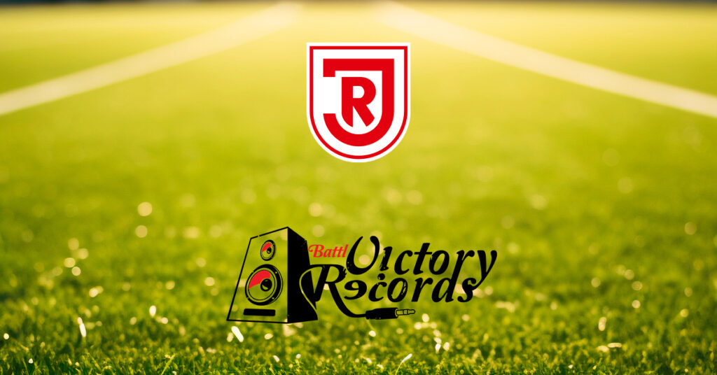 Logos by Battl Victory Records & SSV Jahn Regensburg on soccer field